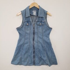 True Blue Denim Mini Dress Women 13/14 Blue Vintage 90s Zip Front Vest Grunge